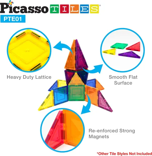 Vista 5 de PicassoTiles Juego combinado de azulejos magnéticos equiláteros pequeños + 353 piezas de azulejos magnéticos, 12 piezas de bloques de construcción