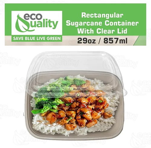 Vista 5 de EcoQuality Cuencos desechables de 29 onzas con tapas transparentes, cuencos rectangulares de papel biodegradable de fibra de caña de azúcar