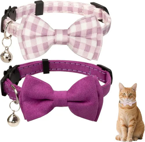 Vista 9 de Collar de gato con campana para niño y niña, pajarita de seguridad, a cuadros, color sólido, conjunto de regalo, lindo festivo, [2 piezas], verde