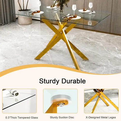 Vista 4 de Juego de mesa de comedor de cristal para cocina de 4, 5 piezas, mesa de comedor rectangular de 51 pulgadas con 4 sillas de cocina de terciopelo