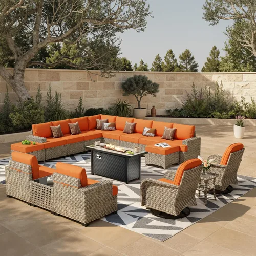 Vista 28 de HOOOWOOO Juego de muebles seccionales de patio con mesa de luz solar, 6 piezas de mimbre para exteriores, sofá en forma de L, juego de conversación