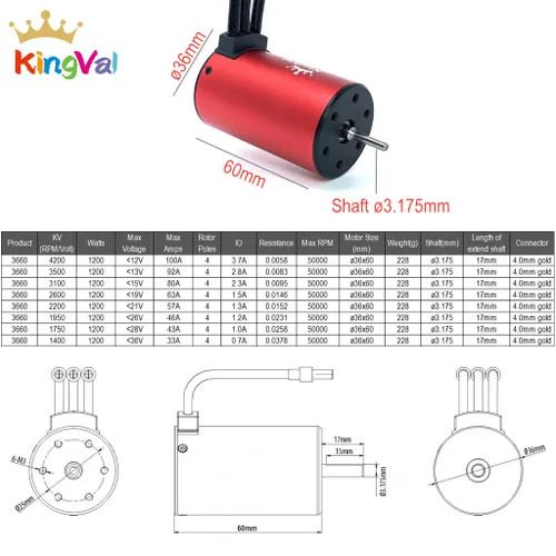 Vista 2 de KingVal Reemplazo 3660 1950KV Eje de motor sin escobillas impermeable 0.125 in compatible con 1/10 RC Car