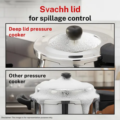 Vista 4 de Prestige Deluxe Alpha Svachh - Olla a presión de acero inoxidable con base Alpha y tapa profunda para control de derrames, (4.0 L Junior Handi)
