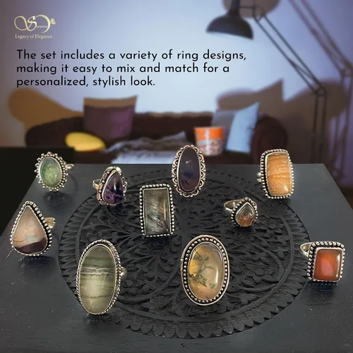 Vista 3 de Juego de 10 anillos apilables hechos a mano con piedras preciosas para mujer, chapados en plata, estilo bohemio, paquete de regalo de joyería gótica