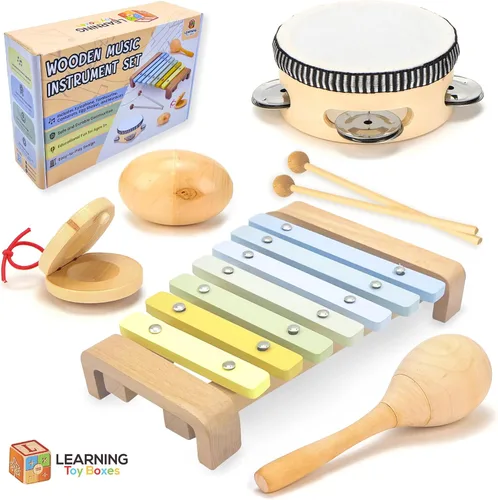 Vista 2 de Juego de instrumentos musicales para niños pequeños, juguetes Montessori de madera para bebés, juguetes musicales sensoriales para niños pequeños