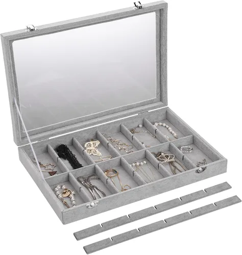 Vista 4 de Frebeauty Bandeja de joyería de terciopelo, organizador de joyas de 24 rejillas con tapa transparente, organizador de aretes con cierre, anillos
