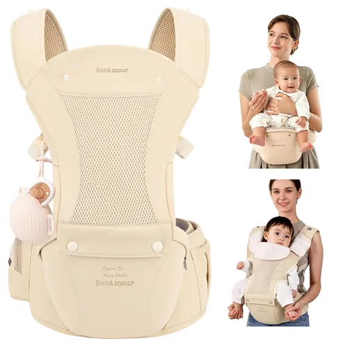 Vista 12 de Portabebés Bebamour con asiento de cadera, malla transpirable para todas las posiciones en el asiento de cadera y portabebés de 0 a 36 meses