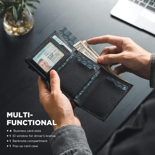 Vista 6 de VULKIT Tarjetero de crédito con compartimento para billetes de banco, bloqueo RFID, cartera de cuero desplegable con ventana de identificación