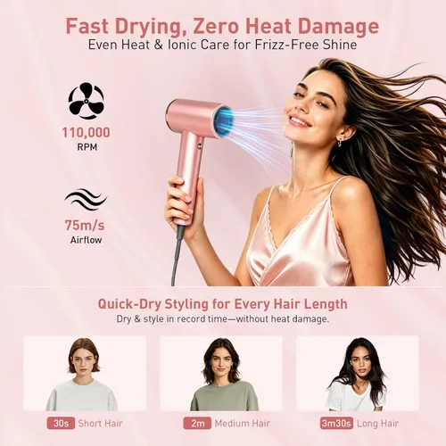 Vista 2 de Mythsight StyleVibe High-Speed Ionic Hair Dryer with 3 Attachments Pink