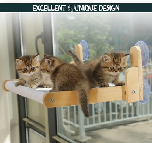 Vista 6 de Percha plegable para ventana de gato con funda peluda de felpa, hamaca para gatos con marco de madera, ventosas resistentes, no requiere