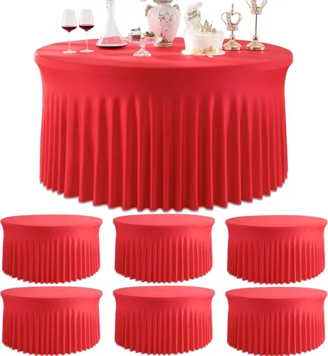 Vista 34 de Paquete de 6 manteles redondos de elastano azul bebé para mesa de 60 pulgadas, manteles elásticos de 120 pulgadas ajustables de 5 pies, manteles