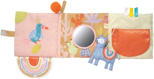 Vista 4 de Manhattan Toy Libro de actividades suave con temática de llama para bebés con chirriador, papel arrugado y espejo seguro para bebés, pequeño