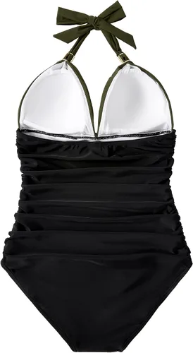 Vista 39 de RXRXCOCO - Traje de baño fruncido de una pieza, con cuello en V, para mujer, con control de abdomen y cuello halter