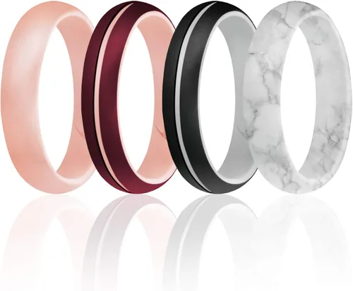 Vista 3 de ROQ - Anillo de boda de silicona para mujer, delgado apilable, bisel en forma de cuchillo, 2.5 mm de ancho, 2 mm de grosor, negro, mármol Blanco