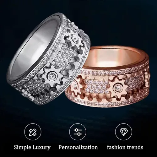 Vista 7 de xrxebv Anillos de banda para aliviar la ansiedad y el estrés para hombre, anillo mecánico giratorio para parejas, Metal, Diamante