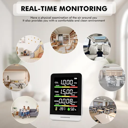 Vista 4 de Monitor de calidad del aire para interiores, probador inteligente de calidad del aire 8 en 1 con CO2, TVOC, HCHO, AQI, temperatura y humedad
