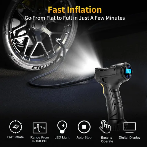 Vista 6 de Inflador digital de neumáticos con linterna LED, compresor de aire portátil de 150 PSI para neumáticos de automóvil, bomba automática de 12 V