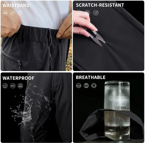 Vista 4 de NOUKOW Pantalones de senderismo para hombre, de secado rápido, ligeros, impermeables, elásticos, 6 bolsillos con cremallera y cinturón