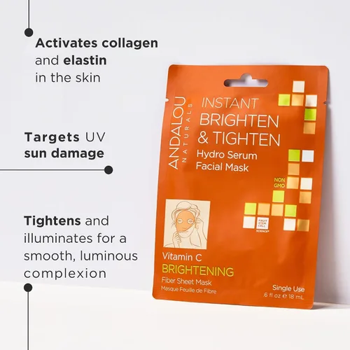 Vista 2 de Andalou Naturals Instant Brighten and Tighten Hydro Serum Máscara facial facial de una sola cara, 0.6 onzas (paquete de 6)