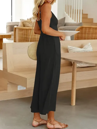 Vista 3 de ANRABESS - Mono de verano con recorte, tirantes delgados para mujer, cuello en V, cintura alta, fruncida, pierna ancha, con bolsillos