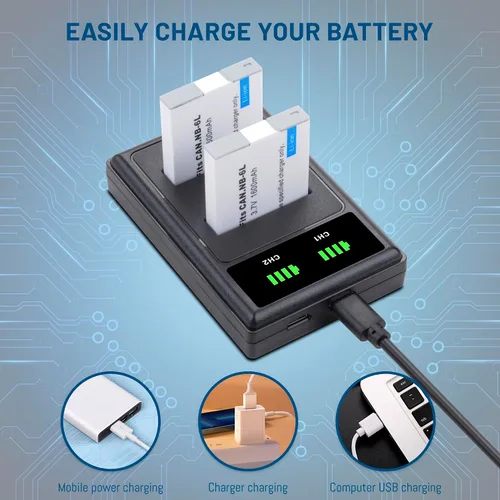 Vista 6 de Paquete de 2 baterías NB-6L NB-6LH de 1600mAh con cargador dual para Canon Powershot SX500 es, SX510 HS, SX520 HS, SX530 HS, SX540 HS, SX170 es