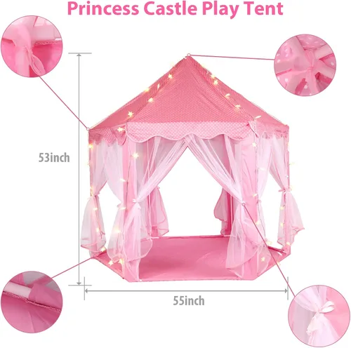 Vista 4 de Tienda de campaña de princesa con luces LED de estrellas, tienda de campaña para niñas, casa de juegos grande para niñas, regalos de juguete