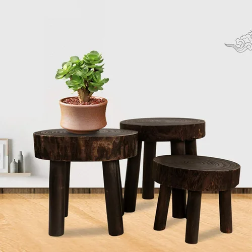 Vista 2 de TITA-DONG Taburete de madera moderno, estante para maceta, taburete de pie de madera redondo sólido para cocina, dormitorio, sala de estar, baño