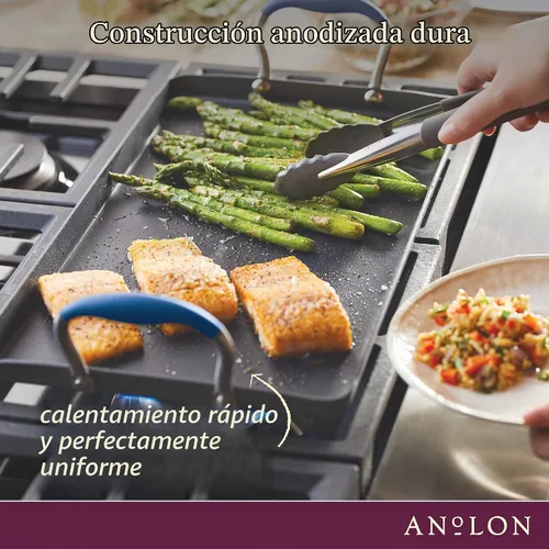 Vista 4 de Anolon Advanced Home Parrilla/Plancha Plana Antiadherente de Doble Quemador Anodizada Dura, 10 x 18 Pulgadas, Índigo