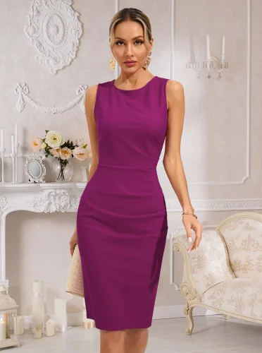 Vista 3 de oten Vestido de tubo para mujer, cuello redondo, sin mangas, fruncido, entallado, para trabajo, cóctel, fiesta