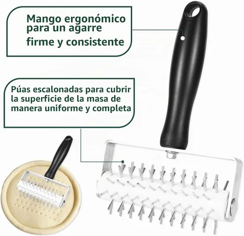 Vista 3 de Docker para masa de pizza, rodillo de masa de alta calidad con picos de acero inoxidable, herramienta de acoplamiento de pizza resistente que evita