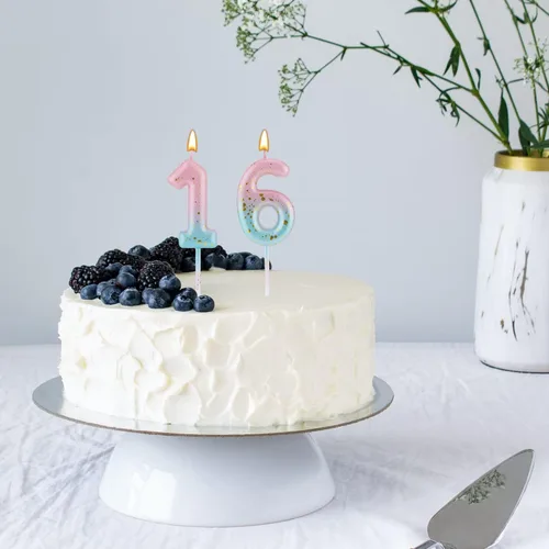 Vista 5 de Vela de cumpleaños con números degradados, velas de cumpleaños degradadas color rosa y azul para tartas, letras numéricas, velas de cumpleaños