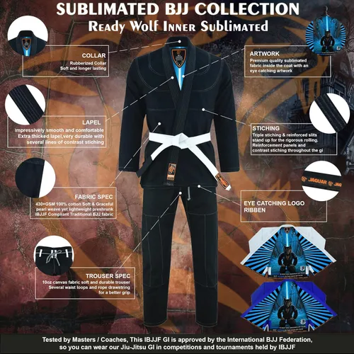 Vista 3 de Ready Wolf Inner Sublimated Pro Brazilian Jiu Jitsu BJJ Kimono Gi Uniforme Unisex - Cinturón blanco incluido