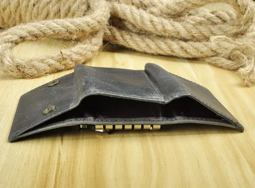 Vista 7 de Le'aokuu Funda de cuero genuino para llave de coche con gancho para monedas, billetera a presión, Gris, Cartera grande