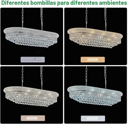 Vista 3 de Candelabros rectangulares de cristal para comedor, 10 luces de altura ajustable, lámpara de techo ovalada de cristal para isla de cocina, acabado