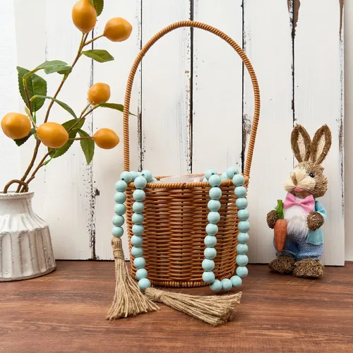 Vista 2 de OMISHE Guirnalda de cuentas de madera de 59 pulgadas con borlas, cuentas decorativas, guirnalda de cuentas de madera de granja para colgar