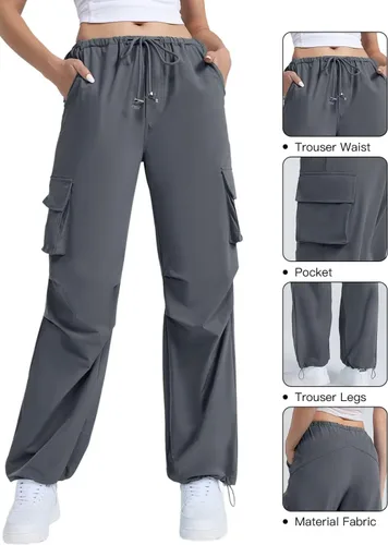 Vista 5 de Pantalones cargo con bolsillos, pantalones de paracaídas para mujer, pantalones holgados Y2K con cordón de moda
