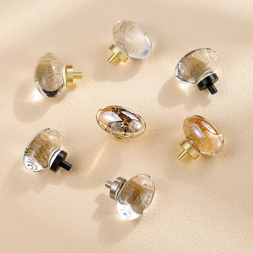 Vista 2 de Paquete de 4 pomos y tiradores de cristal para gabinetes, pomos ovalados de cristal para cajones de tocador, pomos de gabinete de cocina negro mate