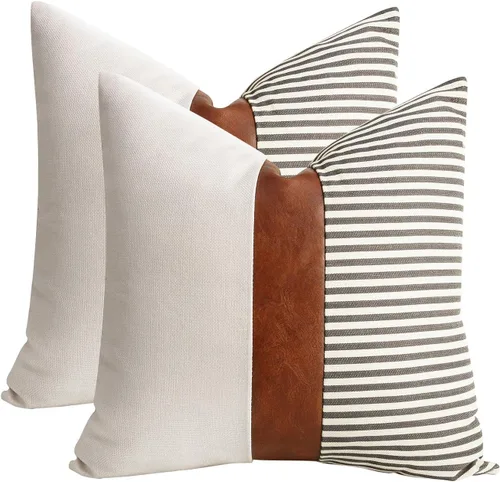 Vista 7 de Cygnus - Juego de 2 fundas de almohada de 16 x 16 pulgadas hechas de lino y de la unión de distintas telas con diseño de rayas para decoración Negro