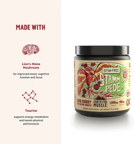 Vista 8 de Earth Fed Muscle Stampede sin estimulantes antes del entrenamiento, cereza agria, estimulante y sin cafeína, aumenta la energía, la resistencia
