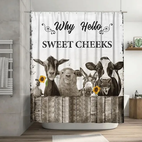 Vista 10 de jamie world Cortina de ducha de granja en blanco y negro, divertida cortina de ducha floral de bulldog para baño, cortina de ducha de animales, tela