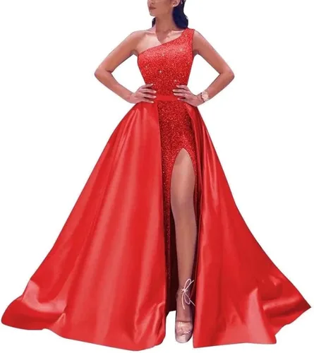 Vista 7 de LVBV Vestidos de fiesta de lentejuelas de un hombro 2022, vestidos de noche formales de sirena con abertura brillante con tren desmontable de satén