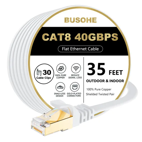 Vista 12 de Cable Ethernet Cat 8 de 1 pie, paquete de 2 unidades, 40 Gbps 2000 MHz, cable plano Cat8 de alta velocidad con conector RJ45 chapado en oro, cable