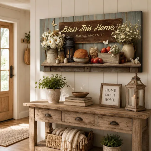 Vista 50 de TIMUBA Decoración de pared de cocina de granja, arte de pared de cocina con texto en inglés "Bless This Home and All Who Enter Kitchen Blessing