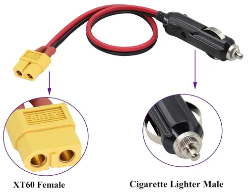 Vista 3 de Paquete de 2 cables 16AWG XT60 a encendedor de cigarrillos, enchufe macho de 12 V a XT60 hembra, cable de extensión compatible con cable de carga