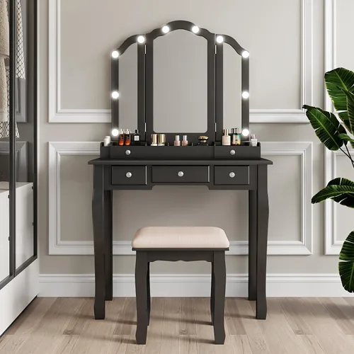 Vista 8 de Escritorio de maquillaje con espejo y luces, mesa de tocador plegable triple blanca con cajones y silla