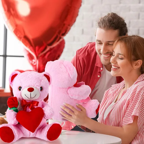 Vista 5 de JellyArch 4 piezas de 11.8 pulgadas de oso de San Valentín, bonitos regalos de oso de peluche para novia sosteniendo rosa y corazón, felpa suave