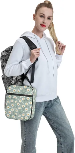 Vista 7 de Lonchera con diseño de margaritas para mujeres, niños, niñas y hombres, lonchera aislada, bolsa de almuerzo para adultos, bolsa de almuerzo