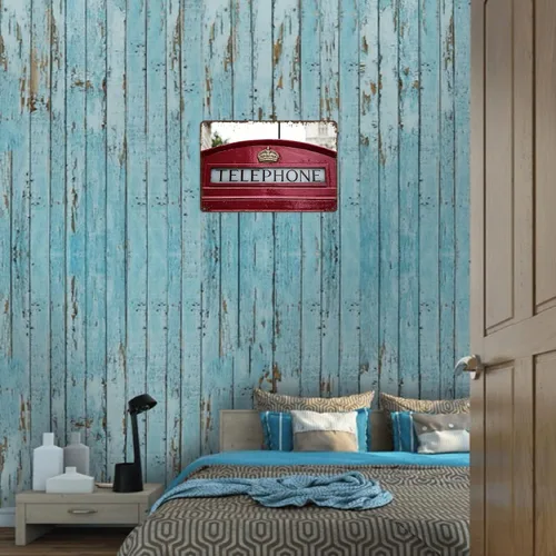 Vista 4 de Letrero de metal con detalle de cabina telefónica roja, diseño de paisaje de ciudad, retro, para hombre, cueva, bar, garaje, habitación, calles