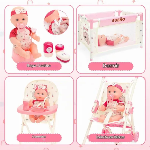 Vista 4 de deAO Juguetes de Cochecito de Muñeca Bebé con Muñeca Bebé de 12" Accesorios Cama de Cuna Silla Alta Conjunto de Juego de Roles de Guardería Tapete