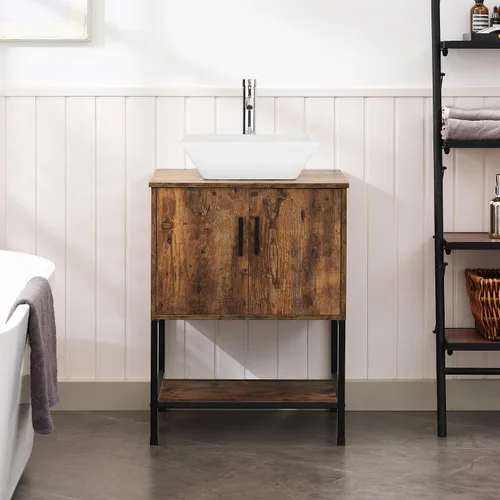 Vista 25 de UEV Juego de tocador de baño antiguo de 24 pulgadas, color marrón oscuro con lavabo, armario de baño de madera de hierro con grifo de temperatura